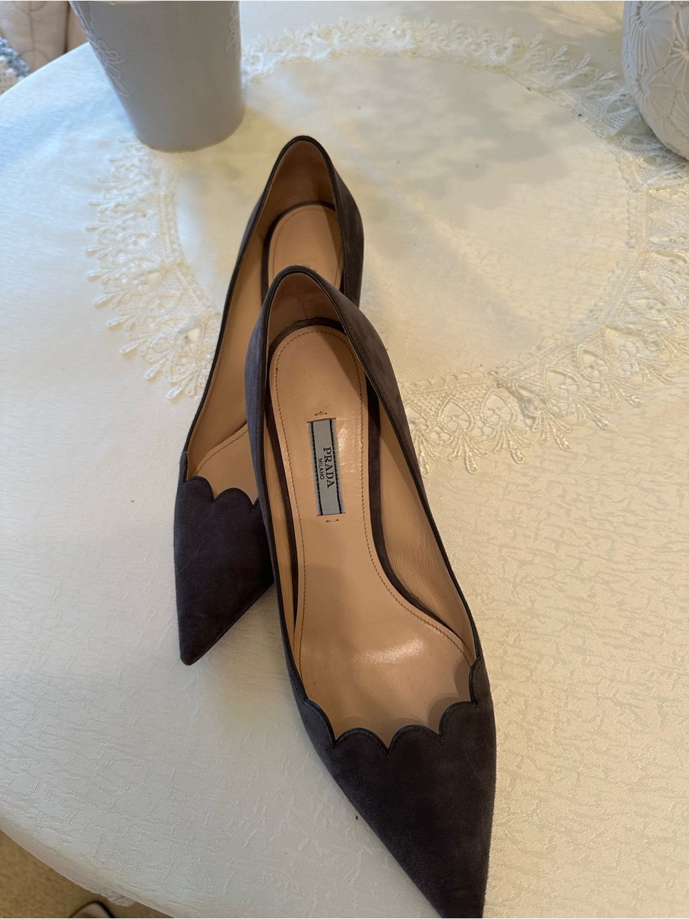 Prada Gray Suede Scalloped Pointed Toe Pumps EU 39 Made in Italy